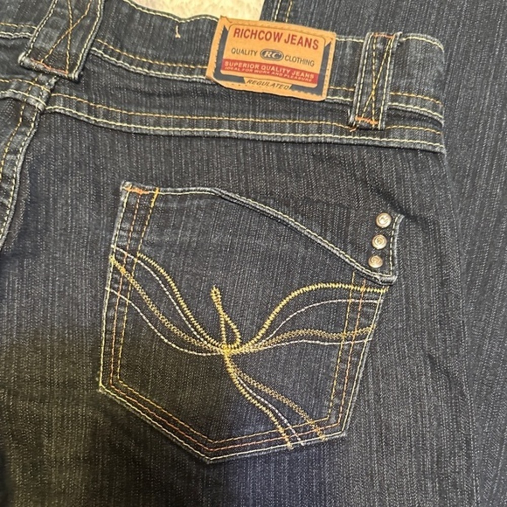 637. Richcow Women's Mid rise Boot Cut Jeans - embroidered pockets dark Blue